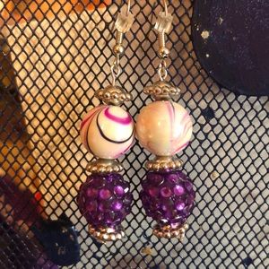 White and purple handmade beaded earrings